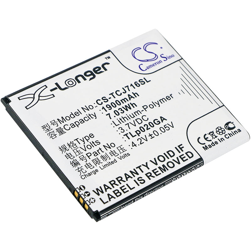 1900mAh Replacement Battery for TCL J716D Smartphone - J716DMobile, TLp020GA - 3.7V Li-Polymer