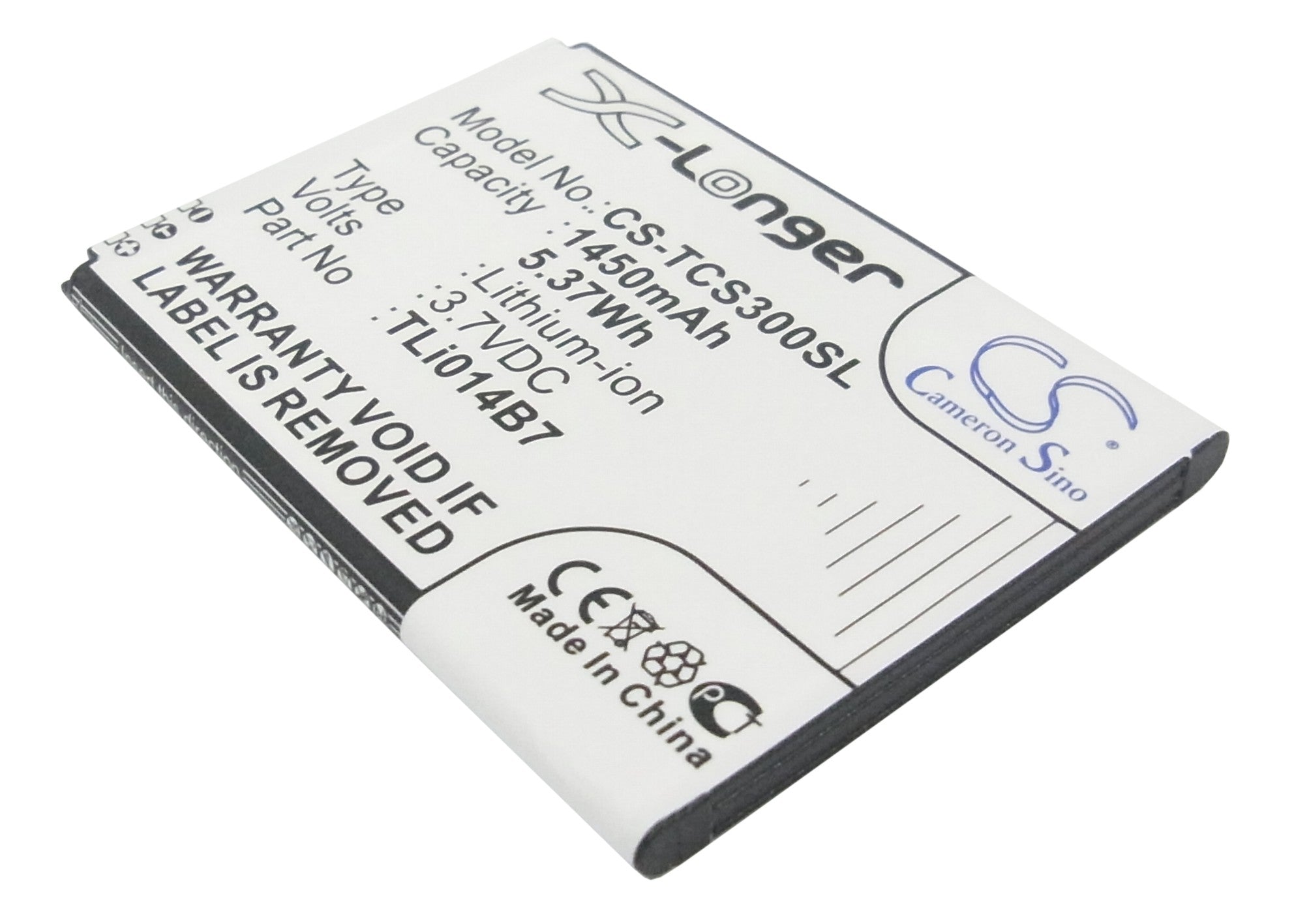 1450mAh Replacement Battery for TCL S300T & E708 Smartphone - TLi014B7, Li-ion 3.7V - 65.28x47.98x4.46mm