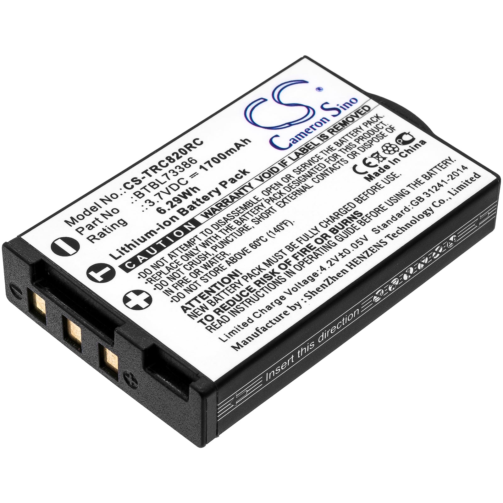 1700mAh 3.7V Li-ion Battery for URC Remotes: TRC-1080, TRC-820, RM-2, R100, MXHP-R500, MXHP-R700 (BTBL73386) Replacement