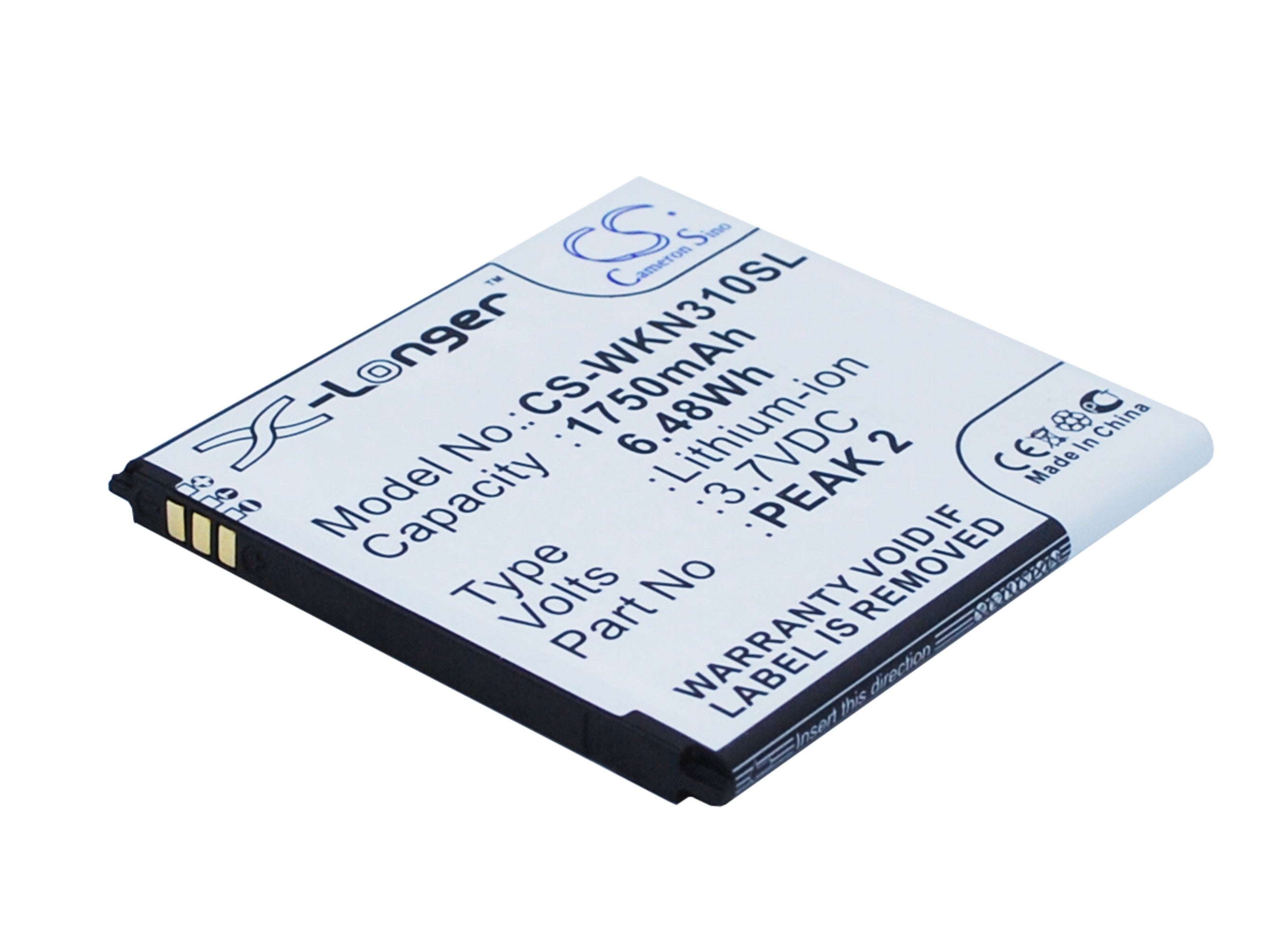 1750mAh Replacement Battery for Wiko Cink Peax/Peax 2, N310 Smartphones - 3.7V Li-ion, Exact Fit