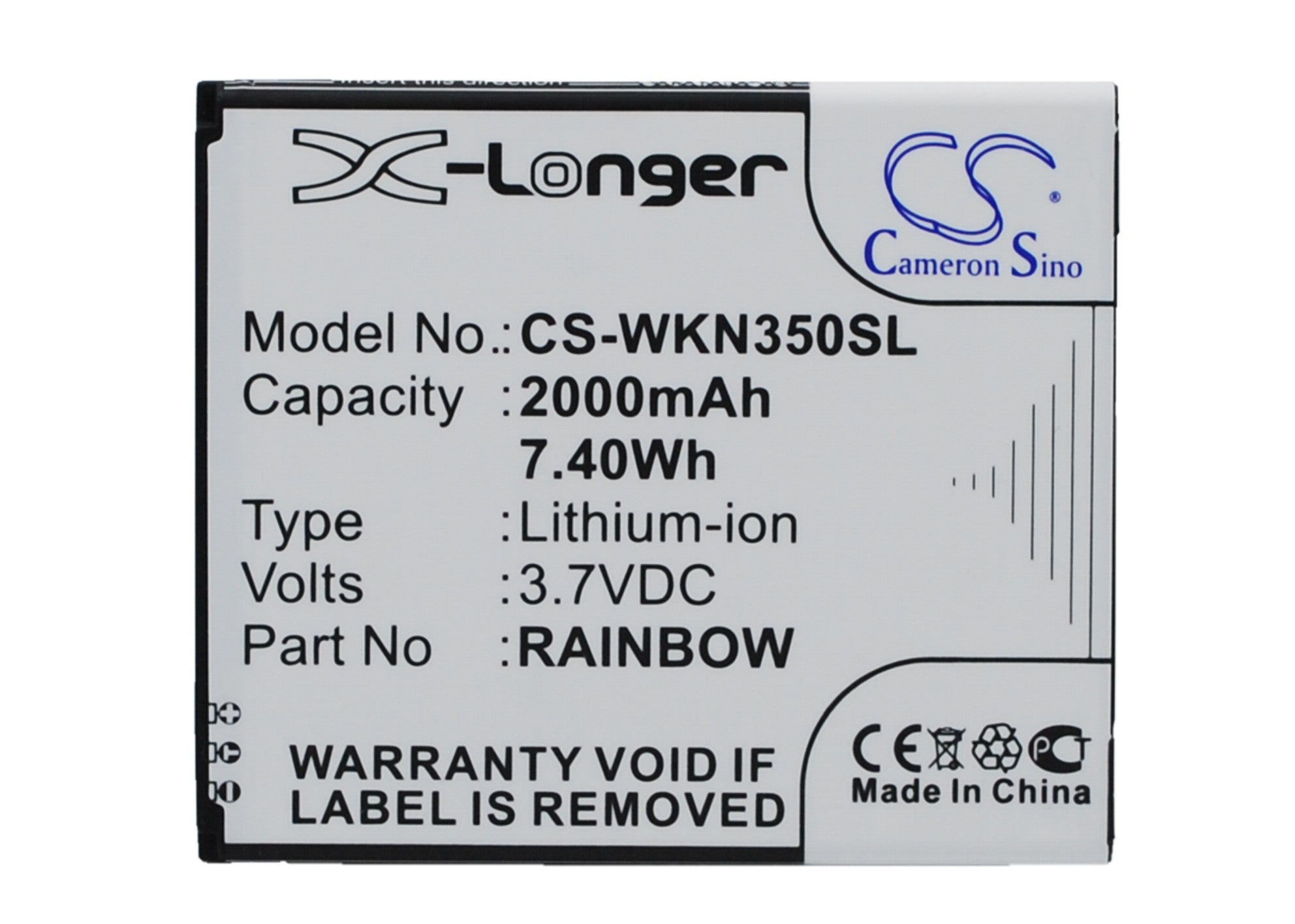 2000mAh Replacement Battery for Wiko Rainbow/Bloom/N350 - 3.7V Li-ion - Size: 70x59.9x4.4mm