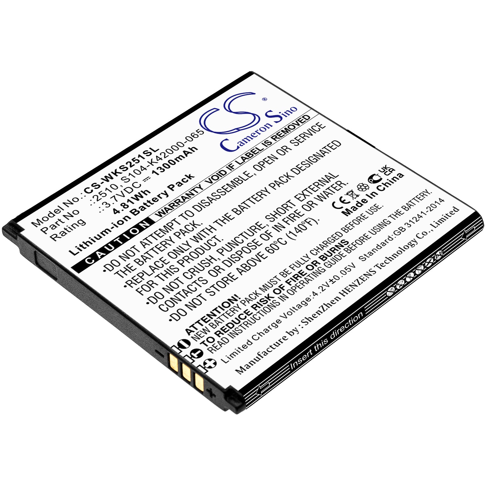 1300mAh Battery Replacement for WIKO Sunny 2 & V2510 - Li-ion 3.7V Smartphone Battery (52.4x51.1x4.7mm)