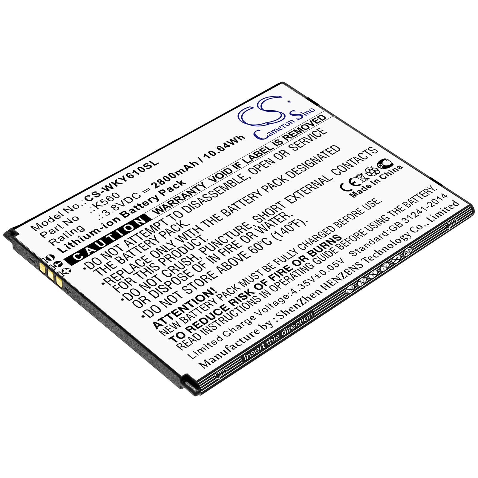 2800mAh Battery Replacement for Wiko Y61 Y62 Plus Smartphones - 3.8V Li-ion, W-K560 Compatible