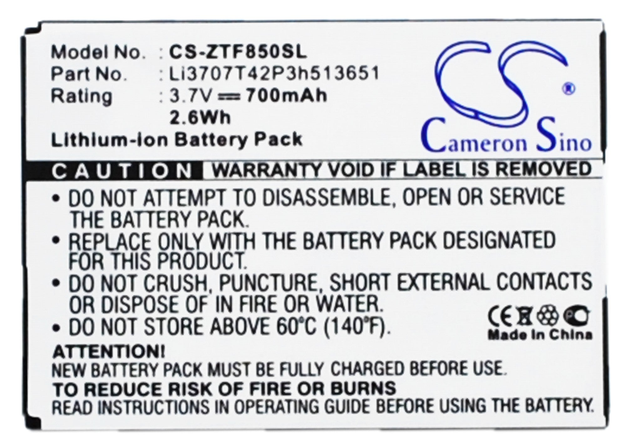 700mAh Replacement Battery for Telstra F252, F256, F850, F851 & ZTE Mobile Phones - 3.7V Li-ion