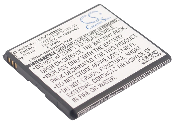 1650mAh Li-ion Replacement Battery for ZTE N983, U960E, Z795G SOLAR Mobile - 3.7V Li3820T42P3h585155