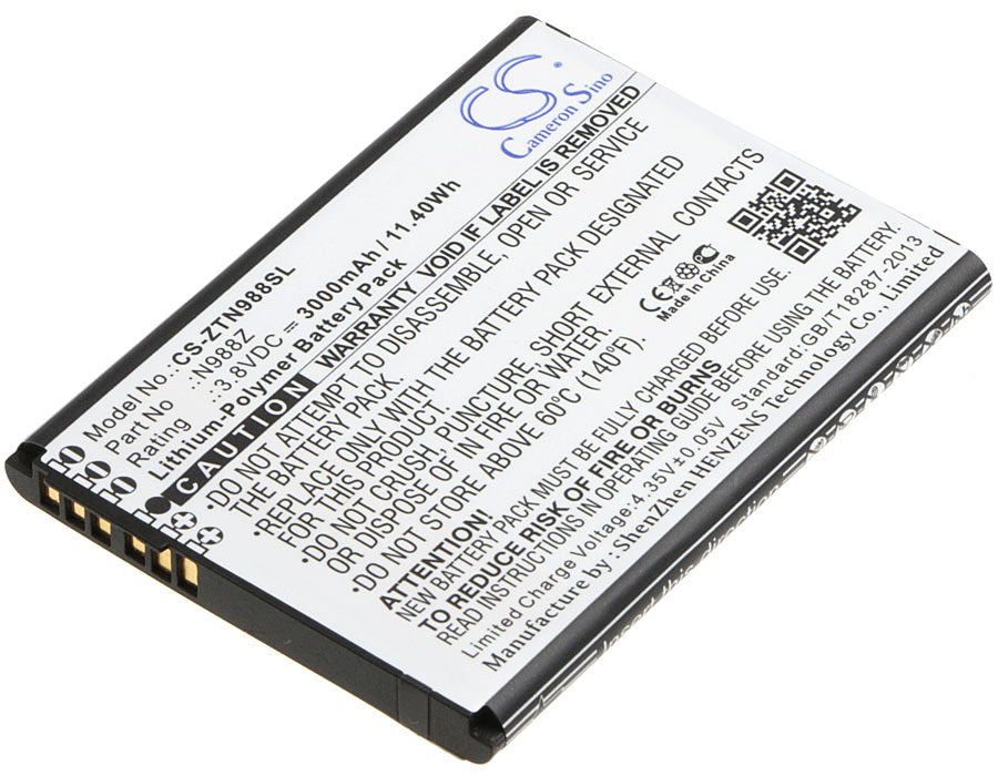 3000mAh Li-Polymer Replacement Battery for ZTE N988Z Smartphone - 3.8V, 11.4Wh Internal Battery
