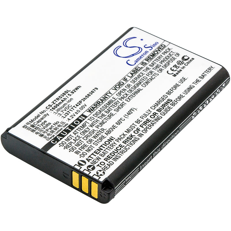 1600mAh Battery for ZTE R538 Smartphone: Li-ion 3.7V 5.92Wh, Replacement Compatible with ZTE Li3717T42P3h583679