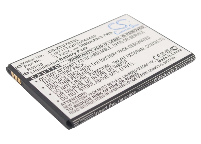 1000mAh Replacement Battery for ZTE U793 - 3.7V Li-ion - Compatible with Li3711T42P3h644440 Smartphone Battery
