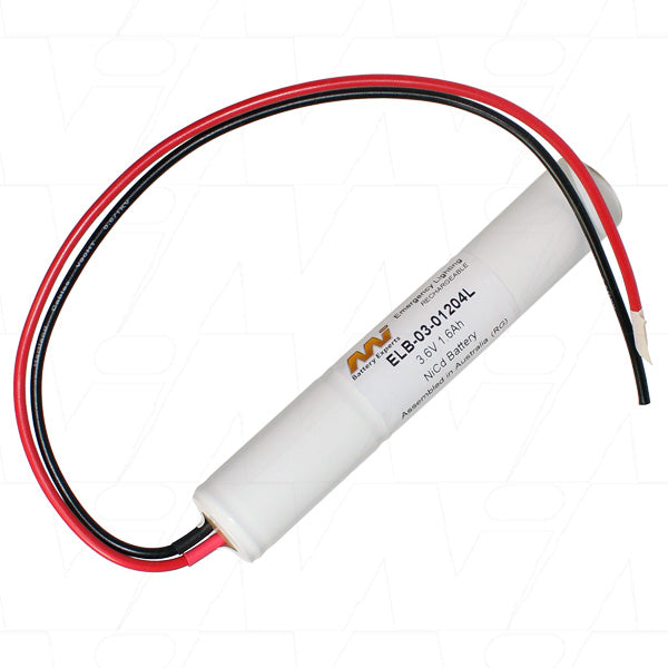 MI Battery Experts ELB-03-01204L NiCd Emergency Lighting Battery Pack - 3.6V 1.6Ah, 5.8Wh, Compact 23mm Design