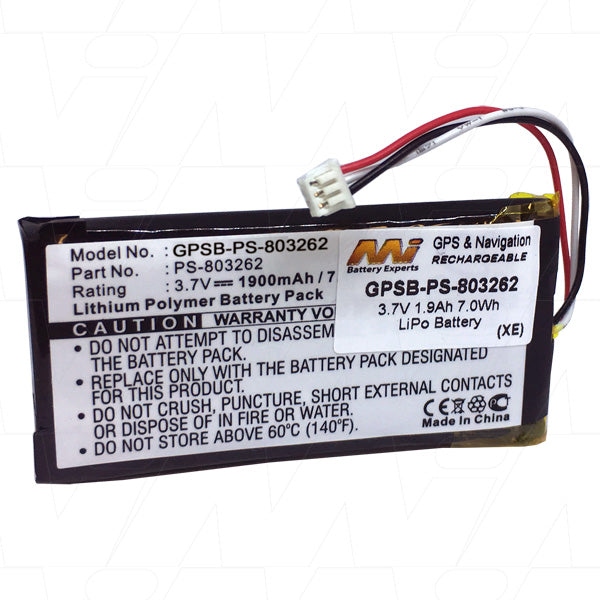 Professional-Grade GPSB-PS-803262 Lithium-Ion GPS Battery Pack 3.7V, 1.9Ah, 7.0Wh, Compact 32.7x65.1mm Design