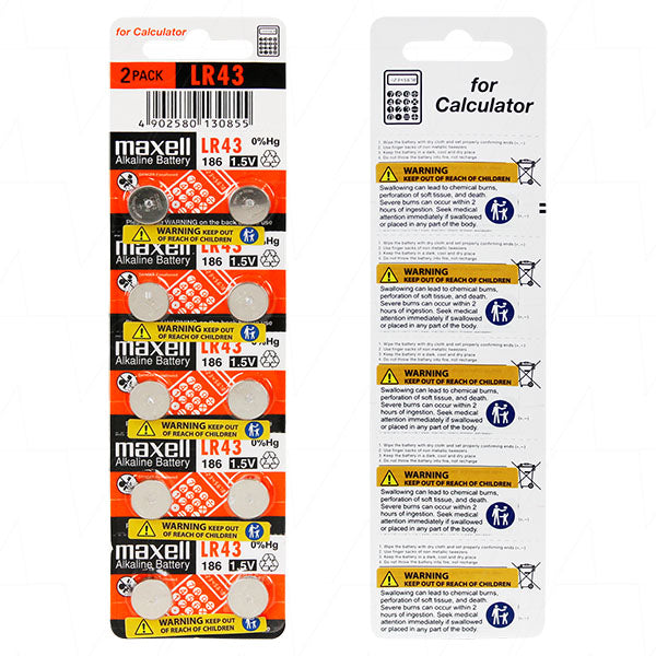 Maxell LR43 Alkaline Button Cell Battery 1.5V, 65mAh Compact Power for Precision Electronics & Devices