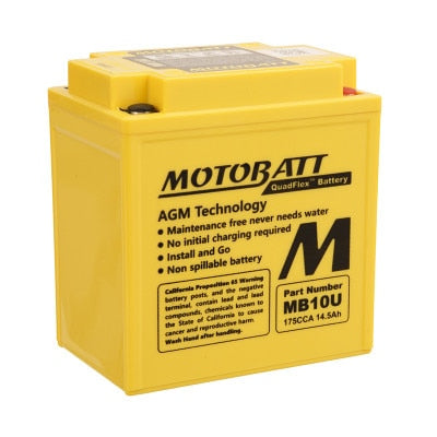 12V 14.5Ah 175 CCA AGM Motorcycle Battery - Motobatt MB10U - QuadFlex Terminals, Powersport Application