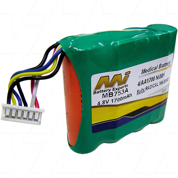 MI Battery Experts MB753A 4.8V NiMH Medical Equipment Battery - 1.7Ah, 8.2Wh, Hospital-Grade Power for Critical Devices