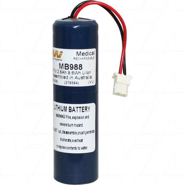 MI Battery Experts MB988 Lithium-Ion Medical Battery 2.6Ah, 3.7V, Compact 18.6x66.2mm, 48g, 9.6Wh for Portable Devices