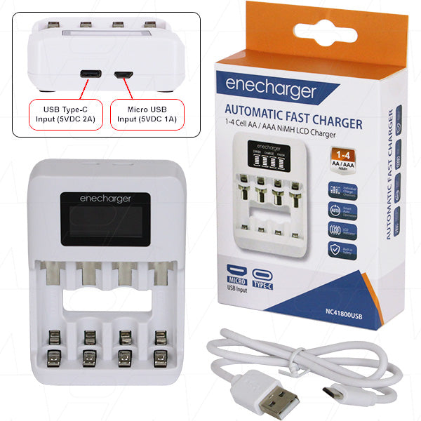 Enecharger NC41800USB Smart Battery Charger 4-Bay AA/AAA with USB Port, Intelligent Detection & Protection