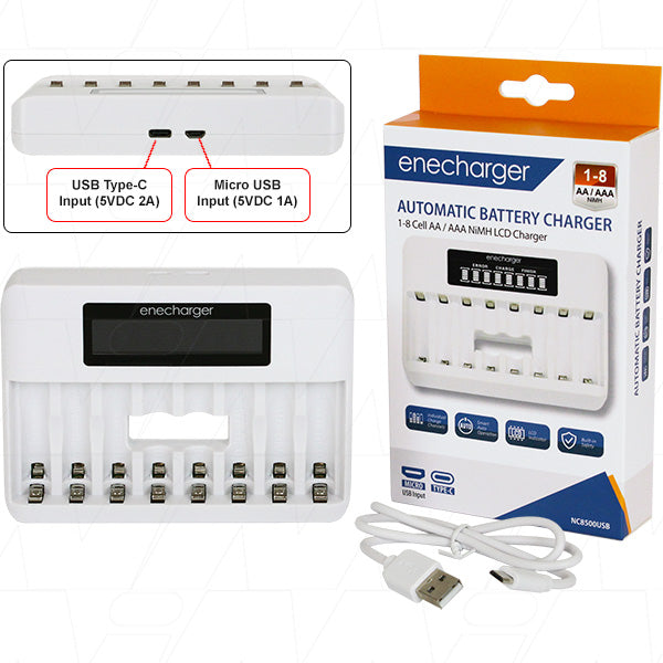 Enecharger NC8500USB Professional AA/AAA Battery Charger - Smart USB Charging, 8 Slots, Compact Design