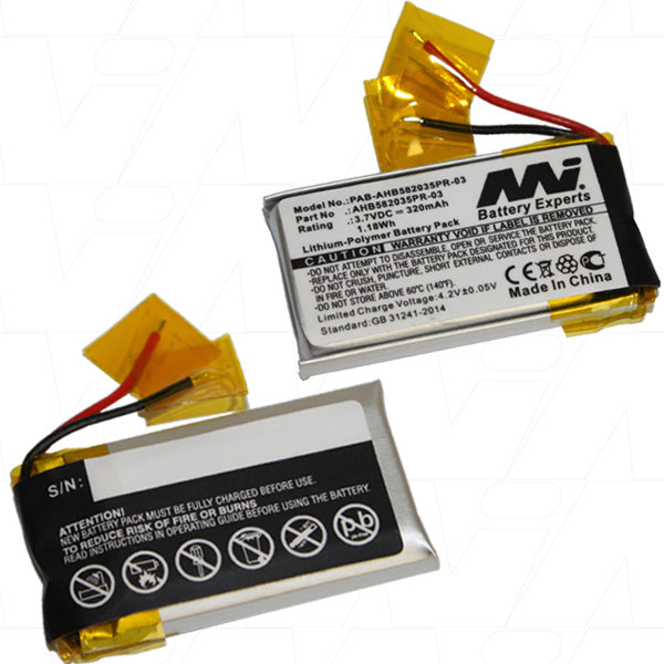 MI Battery Experts PAB-AHB582035PR-03-BP1 Professional 320mAh LiPo Battery for Conference Systems - 3.7V, 1.2Wh, Compact Design