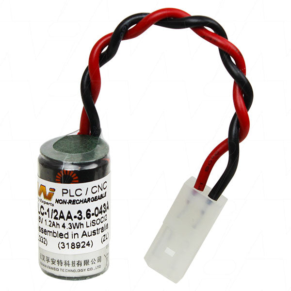 MI Battery Experts PLC-1/2AA-3.6-043A 3.6V Lithium Thionyl Chloride Battery for Industrial PLC & Memory Backup - 1.2Ah, 1/2AA Size