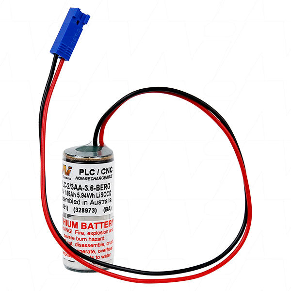 PLC-2/3AA-3.6-BERG Lithium Thionyl Chloride Battery 3.6V, 1.65Ah Industrial Memory Backup Power for PLCs & Controls