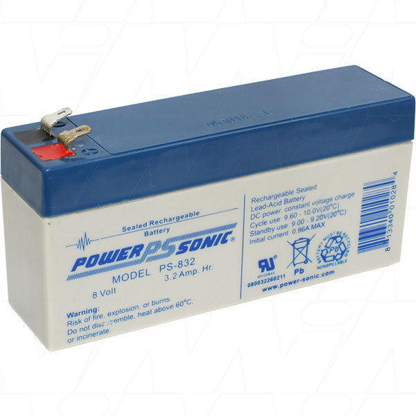 Powersonic PS832 8V 3.2Ah SLA Battery Medical-Grade Power for Patient Monitors & Diagnostic Devices, 25.6Wh