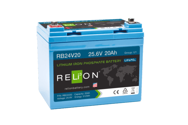 RELiON RB24V20 24V 20Ah LiFePO4 Lithium Battery - Compact Power Solution for Solar, Marine, & RV Applications with M8 Terminals