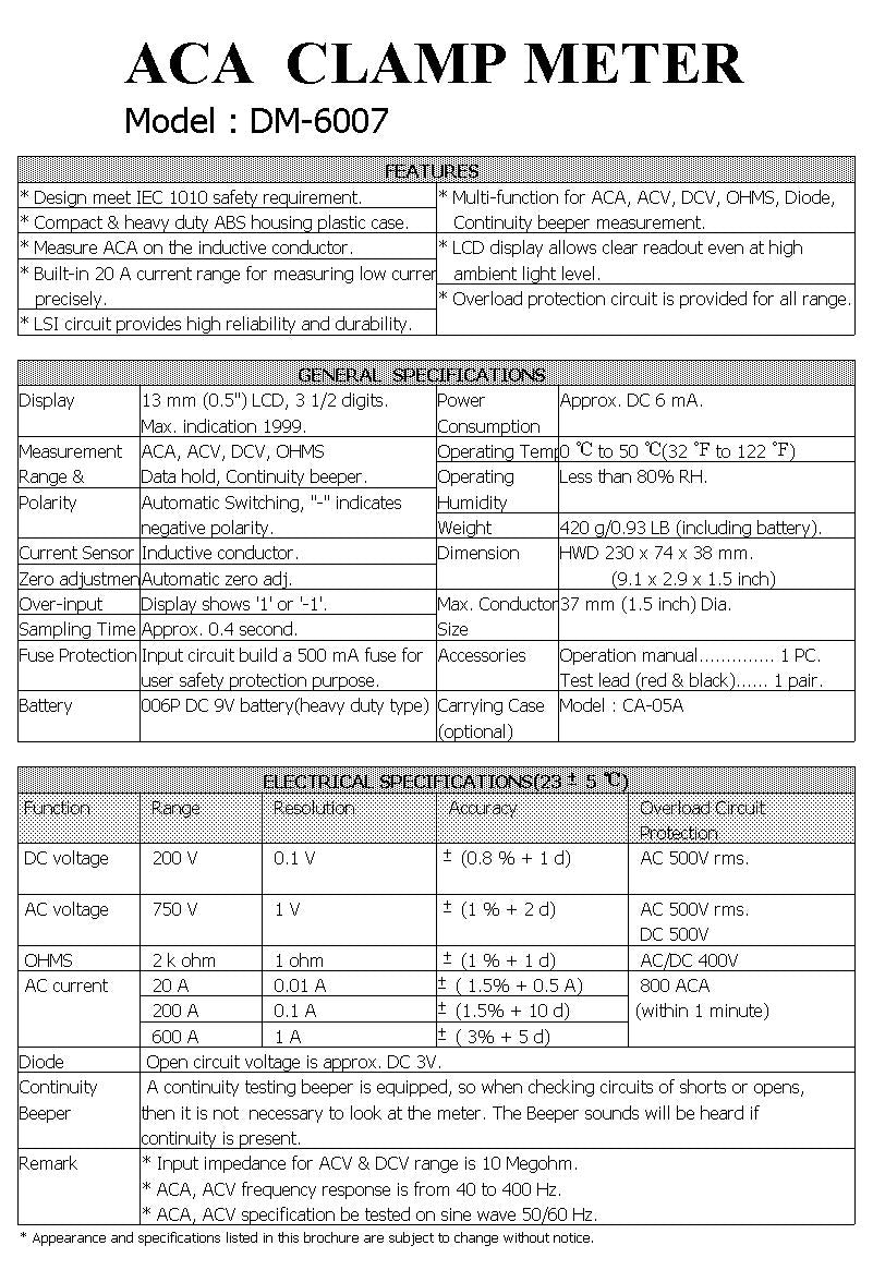 ACA Clamp Meter 600A Rotary Switch