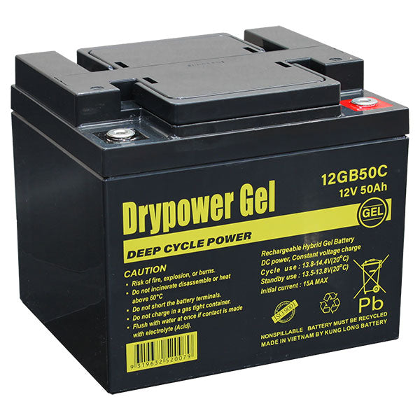Drypower 12GB50C GEL Deep Cycle Battery 12V 50Ah, 600Wh, Maintenance-Free for Mobility Scooters & Golf Carts