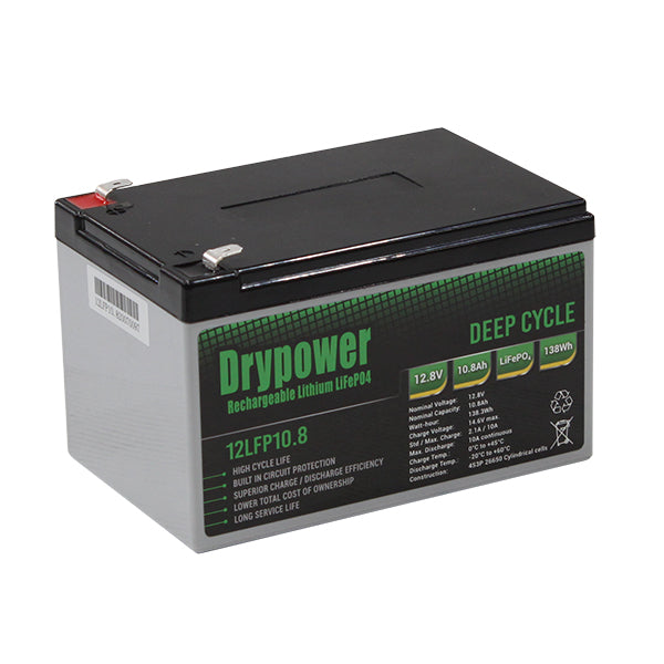 Drypower 12LFP10.8 LiFePO4 Deep Cycle Battery 12.8V 10.8Ah Lightweight Lithium Power for Off-Grid, RV & Marine Use (138Wh, 1.5kg)