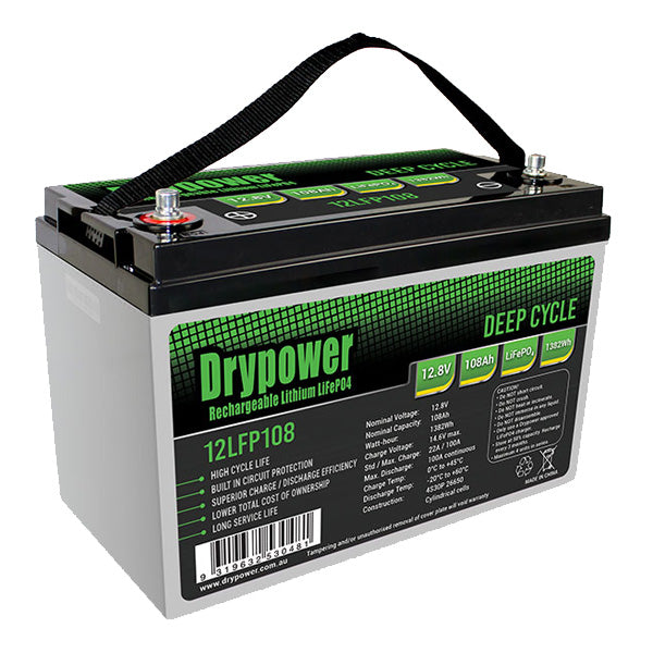 Drypower 12LFP108 LiFePO4 Deep Cycle Battery 108Ah, 12.8V, 1382.4Wh for RV, Marine & Solar - Lightweight 13.8kg