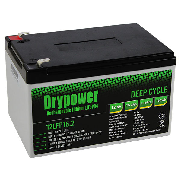 Drypower 12LFP15.2 LiFePO4 Deep Cycle Battery 12.8V, 15.2Ah, 194.6Wh Lightweight Powerhouse for RV, Marine & Off-Grid