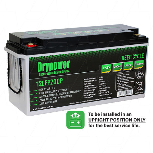 Drypower 12LFP200P LiFePO4 Deep Cycle Battery 200Ah, 12.8V, 2560Wh Capacity for RV, Marine & Solar - Lightweight 21.5kg