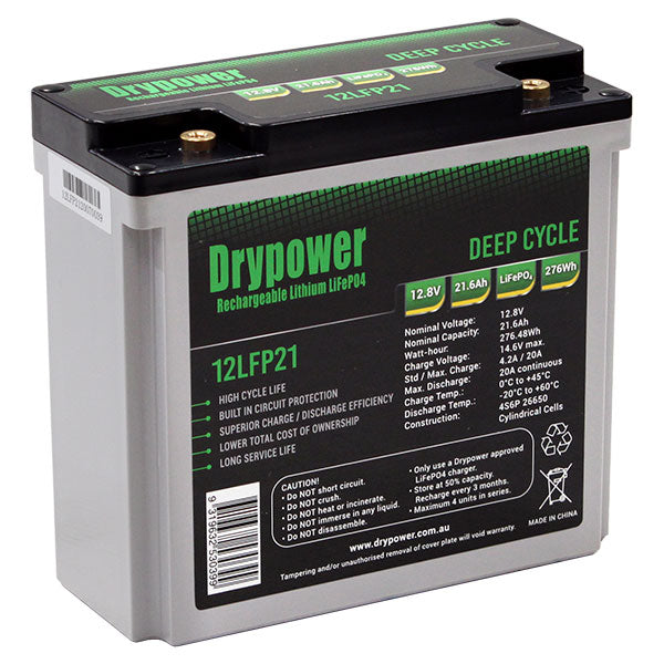 Drypower 12LFP21 LiFePO4 Deep Cycle Battery 12.8V, 21.6Ah, 276.5Wh - Lightweight, Compact Power for RV, Marine & Solar Applications