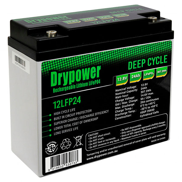 DryPower 12LFP24 LiFePO4 Deep Cycle Battery - 24Ah, 12.8V, 307.2Wh - Lightweight, Maintenance-Free Power for RV, Marine & Solar