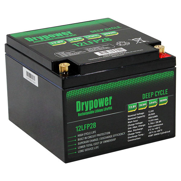 Drypower 12LFP28 LiFePO4 Deep Cycle Battery - 12.8V 28.8Ah 368.6Wh Lightweight Lithium Power for Off-Grid, Marine & RV Use
