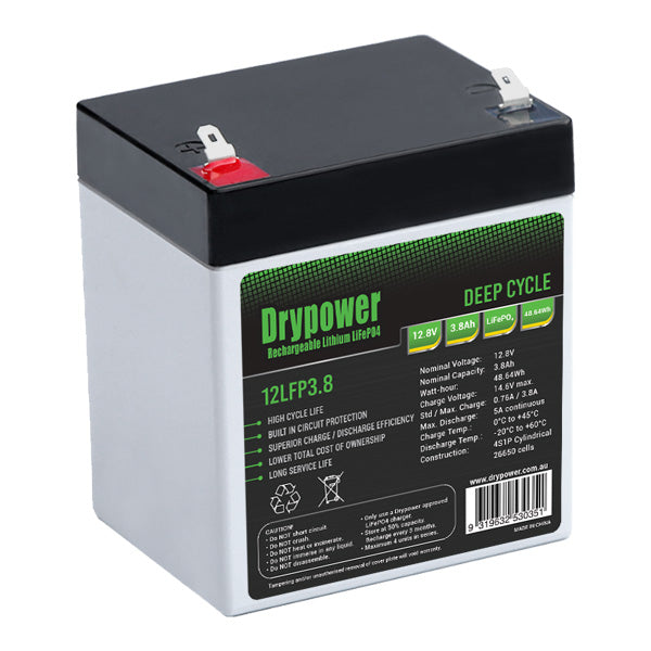 Drypower 12LFP3.8 LiFePO4 12.8V 3.8Ah Lithium Battery - Compact 48.6Wh Power for RV, Marine & Solar Applications