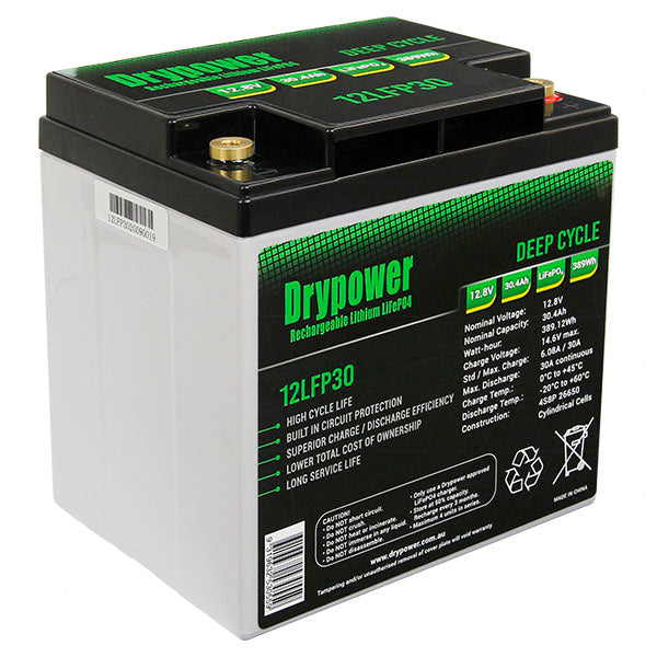 Drypower 12LFP30 LiFePO4 Deep Cycle Battery 30.4Ah, 12.8V, 389.1Wh - Lightweight Off-Grid Power for RV, Marine & Solar