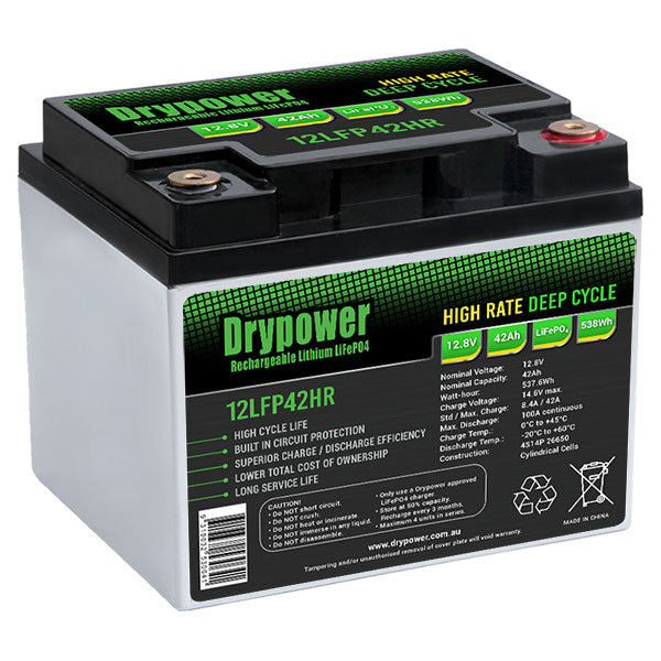 Drypower 12LFP42HR 12.8V 42Ah LiFePO4 Deep Cycle Battery Lightweight 538Wh for RV, Marine & Off-Grid Power