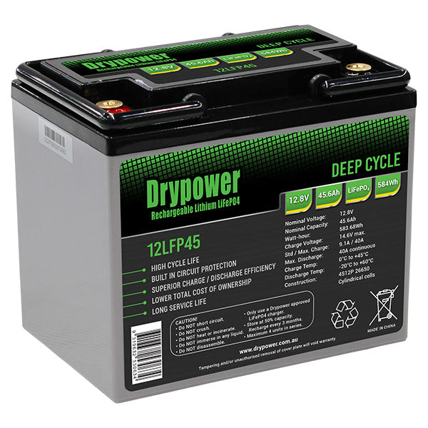 Drypower 12LFP45 LiFePO4 Deep Cycle Battery | 12.8V 45.6Ah | 583.7Wh Capacity | Lightweight 5.5kg | RV, Marine & Solar