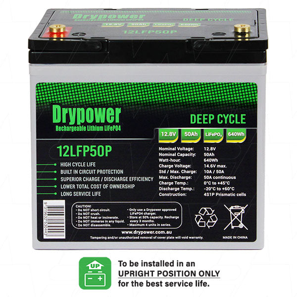 Drypower 12LFP50P LiFePO4 50Ah Deep Cycle Battery 12.8V, 640Wh, Lightweight 5.95kg for RV, Marine & Solar
