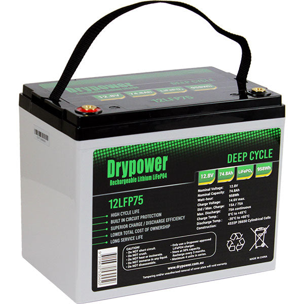 Drypower 12LFP75 LiFePO4 Deep Cycle Battery 74.8Ah, 12.8V, 957.4Wh - Lightweight, Long-Lasting Power for Mobile & Stationary Use