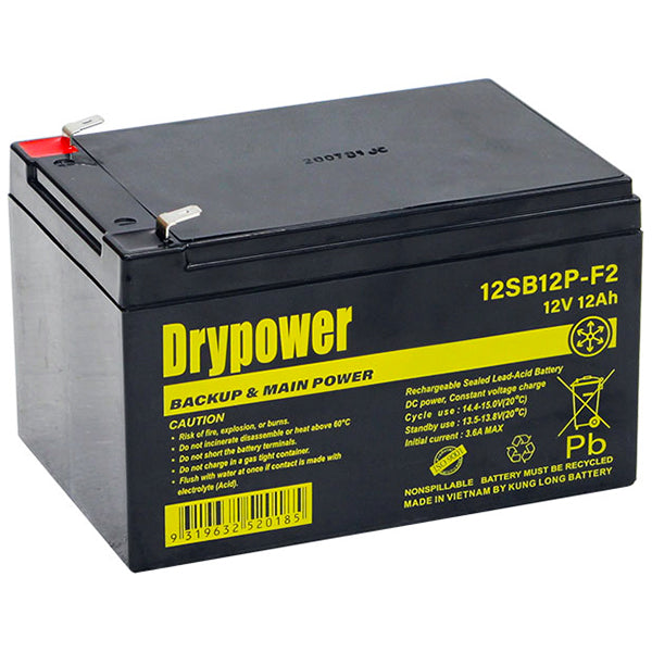 Drypower 12SB12P-F2 12V 12Ah SLA Battery Maintenance-Free Backup Power for UPS, Emergency Lighting & Security Systems (144Wh)