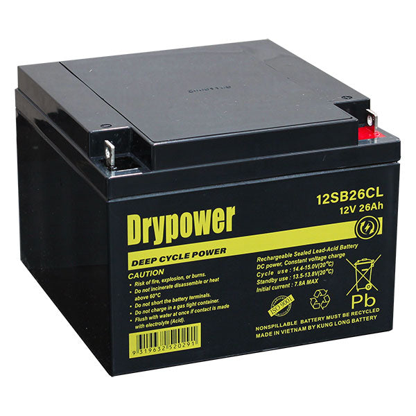 Drypower 12SB26CL 26Ah Sealed Lead Acid Battery 12V, Maintenance-Free, for UPS & Emergency Systems