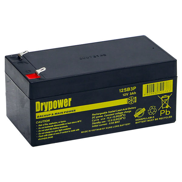 DryPower 12SB3P 12V 3Ah Sealed Lead Acid Battery Compact, Maintenance-Free Backup Power for Emergency Lighting & Security Systems