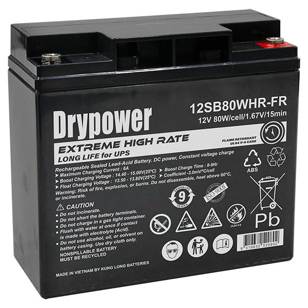 Drypower 12SB80WHR-FR 12V 20Ah Sealed Lead Acid Battery - Industrial Backup Power for UPS, Telecom & Security Systems
