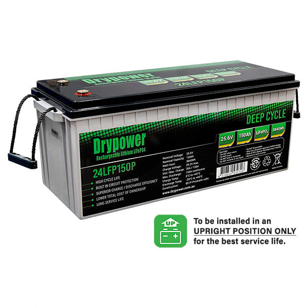 Drypower 24LFP150P LiFePO4 Deep Cycle Battery 3840Wh Capacity, 25.6V System, 150Ah for RV, Marine & Off-Grid Power