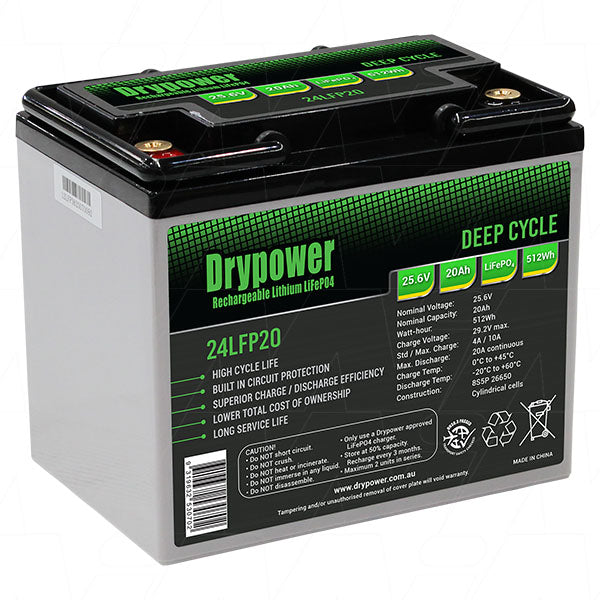 DryPower 24LFP20 Professional 25.6V LiFePO4 Deep Cycle Battery, 20Ah/512Wh, 4.4kg, for RV, Marine & Solar Applications