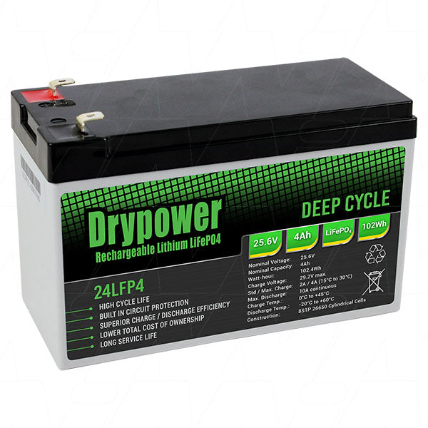 DryPower 24LFP4 LiFePO4 Battery Pack 25.6V 4Ah 102.4Wh Portable Power for RV, Marine & Solar - Compact 1kg Design