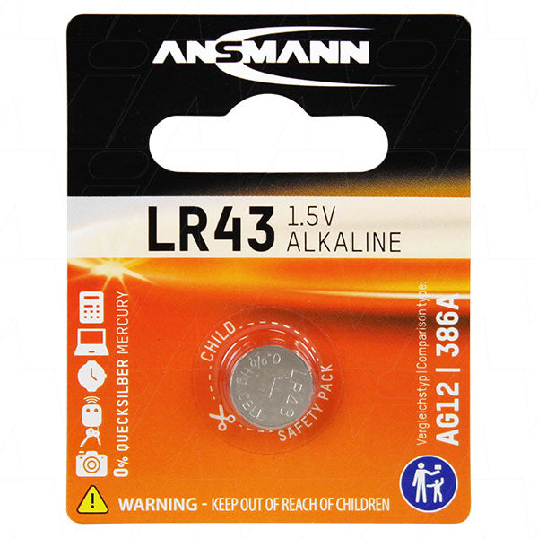 ANSMANN LR43 1.5V Alkaline Button Cell Battery - 90mAh, 11.6x4.2mm, for Cameras, Medical Devices & Small Electronics