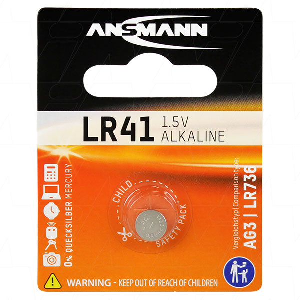 ANSMANN LR41 1.5V Alkaline Button Cell Battery - 30mAh, 7.9x3.6mm for Cameras, Toys & Medical Devices
