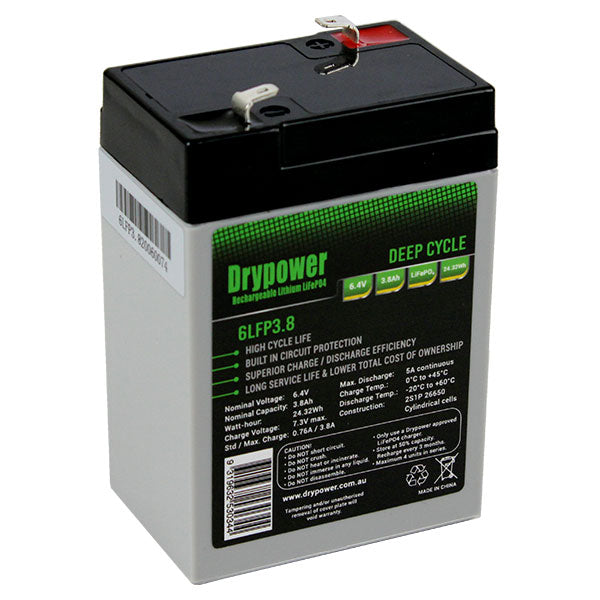 Drypower 6LFP3.8 LiFePO4 Battery Pack 6.4V 3.8Ah Portable Power for Medical, Marine & Outdoor Use (24.3Wh, 290g)